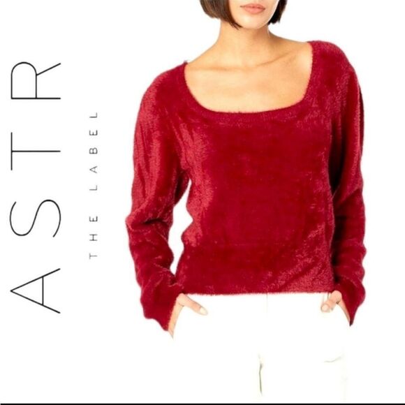 ASTR THE LABEL SQUARE NECK BURGUNDY WINE OX BLOOD FUZZY EYELASH SWEATER XL - Picture 2 of 16